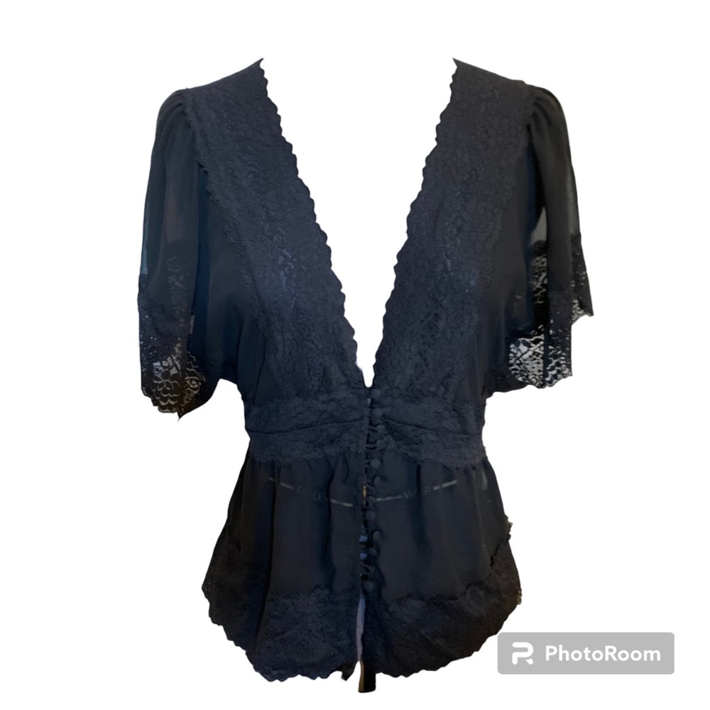 Black Lace Blouse Deep V Dressy Top